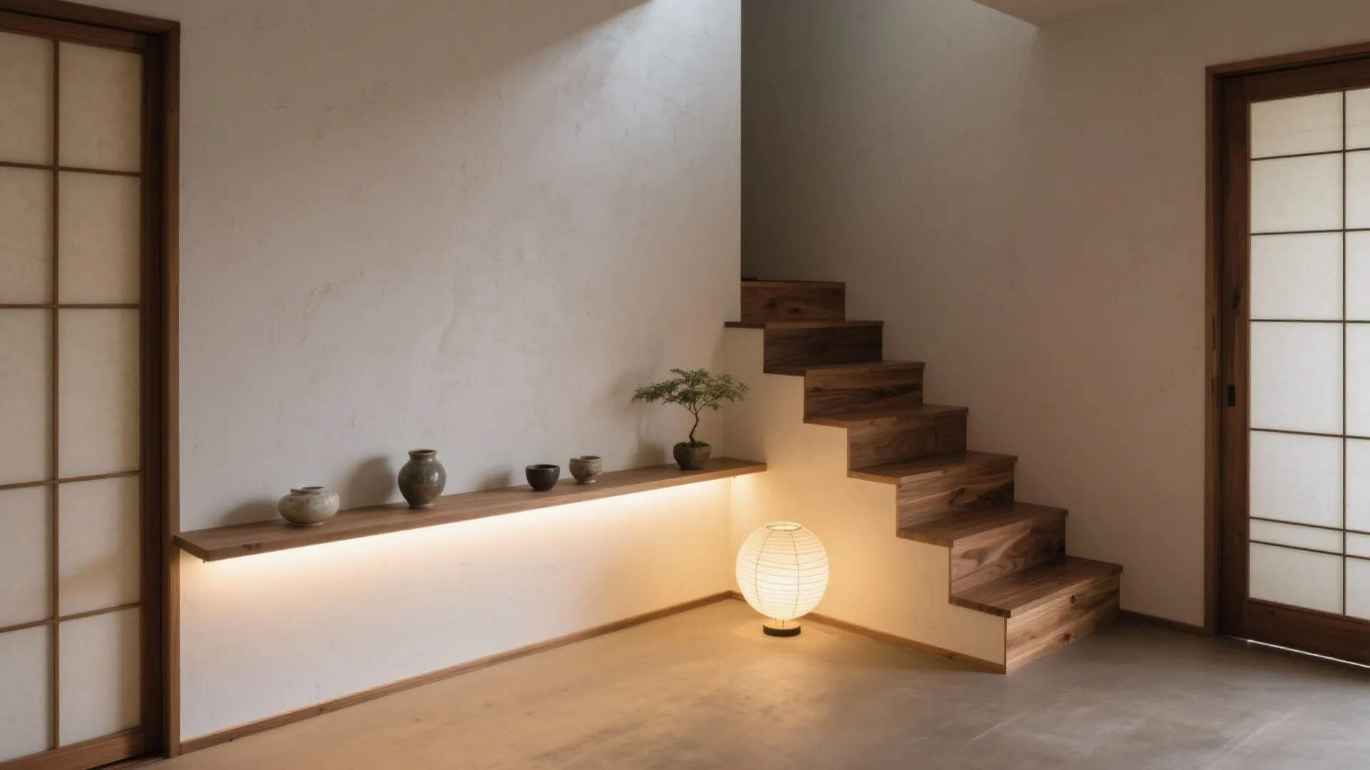 Tips 4: ささら桁下に薄型照明＋見せる棚（日式風格の質感）