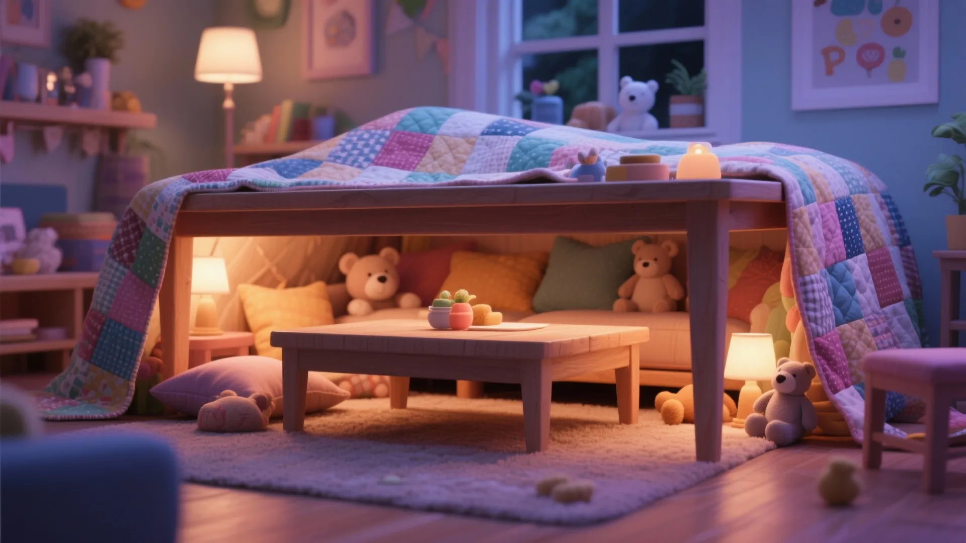 Cozy indoor fort made from a wooden table covered with a quilt and warm small lights