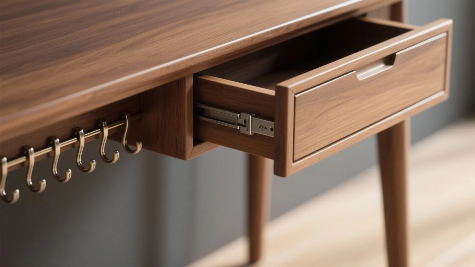 Close-up of integrated shallow drawers and hooks under a drop-leaf table showing joinery and hardware.