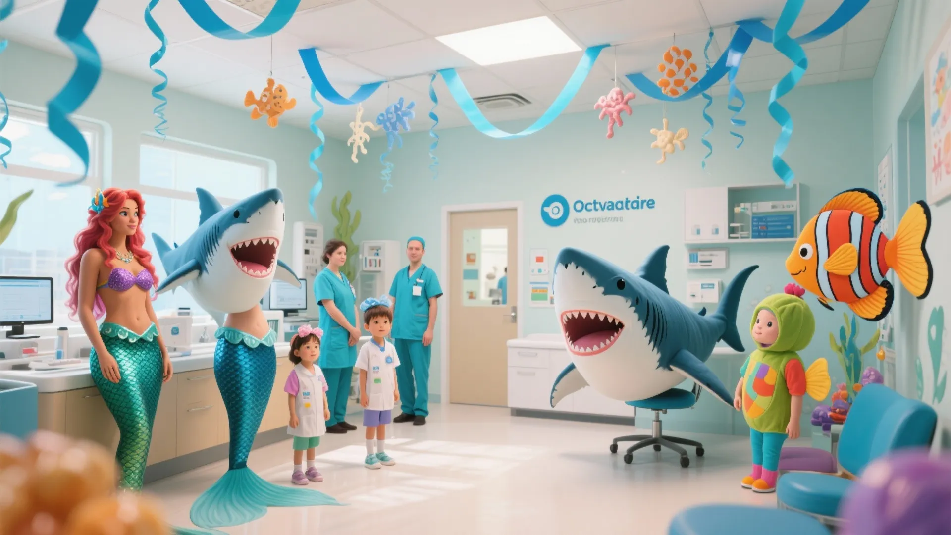 Child dental clinic with ocean theme featuring shark decorations blue walls and colorful mermaid costumes