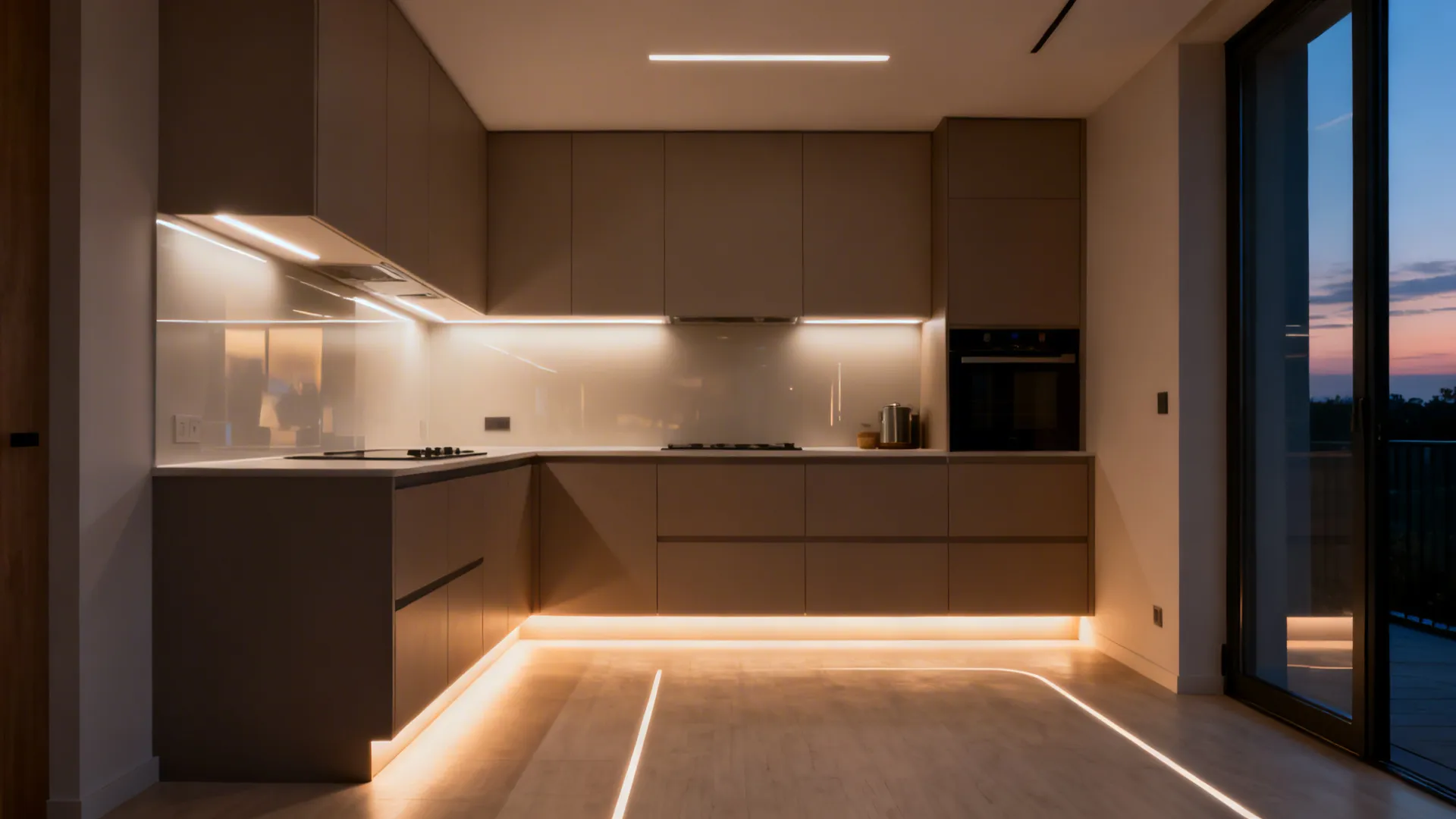 Dusk kitchen scene with bright under-cabinet task light and a soft toe-kick glow floating the cabinets.