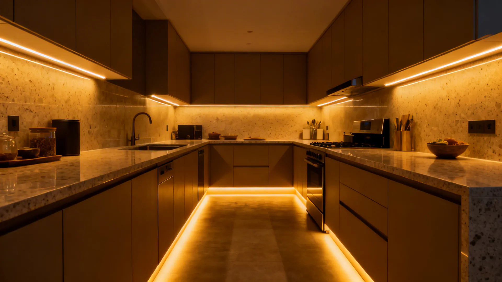 Modern kitchen with warm light strips under wall cabinets and along the floor base area
