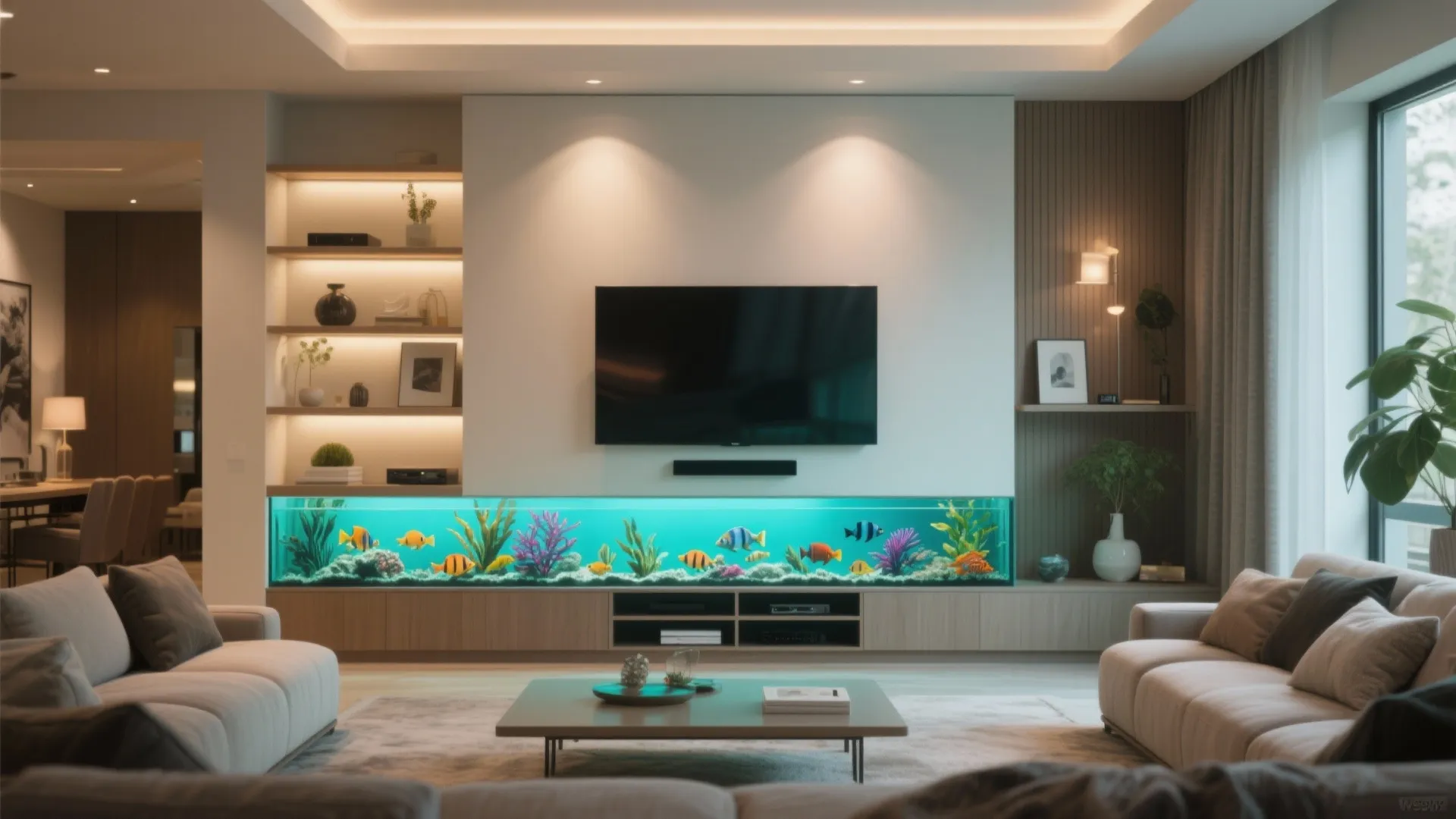 Wide low aquarium integrated under a living room TV wall