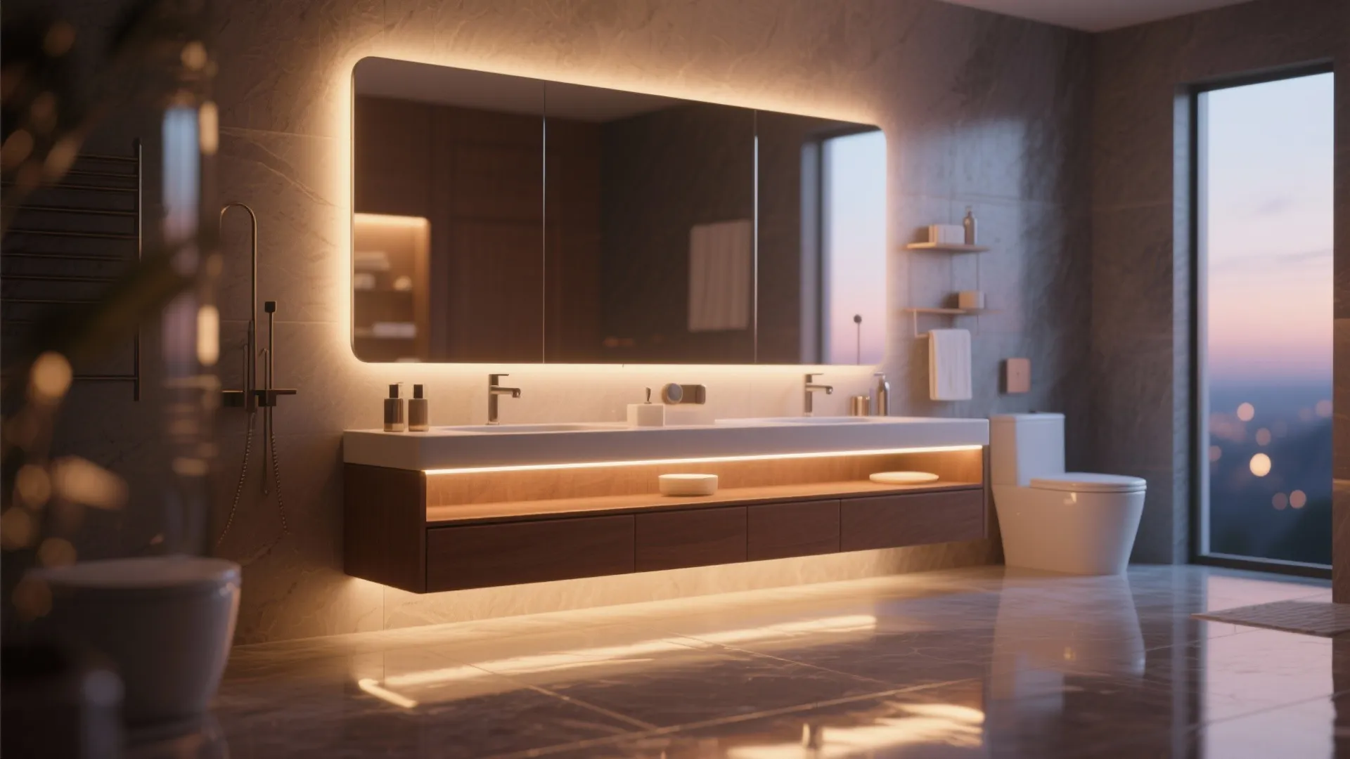 Modern bathroom with warm glowing lights under the wood cabinet and around the large mirror
