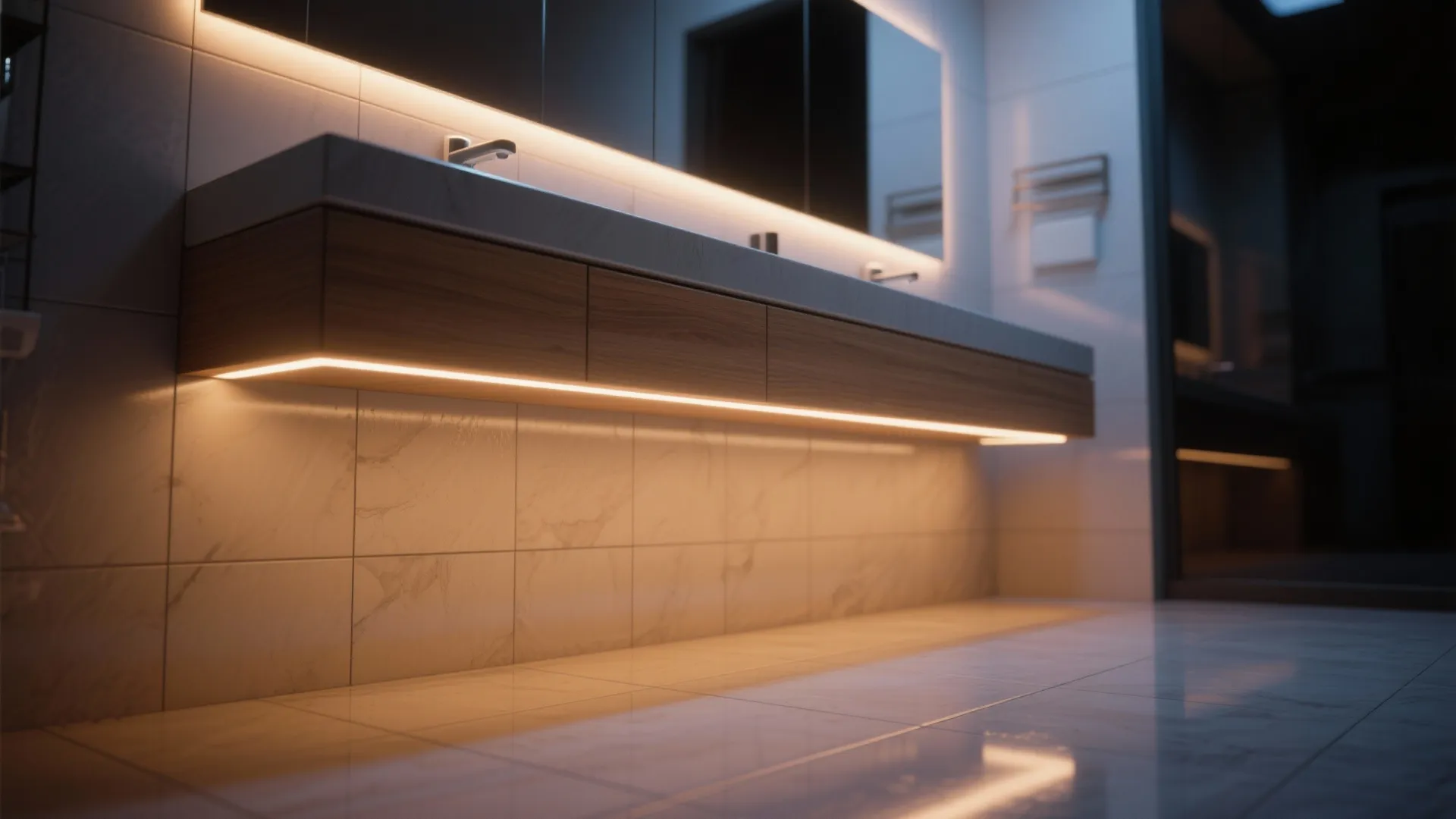 Floating bathroom wooden cabinet with warm light strips under the counter and mirror wall tiles
