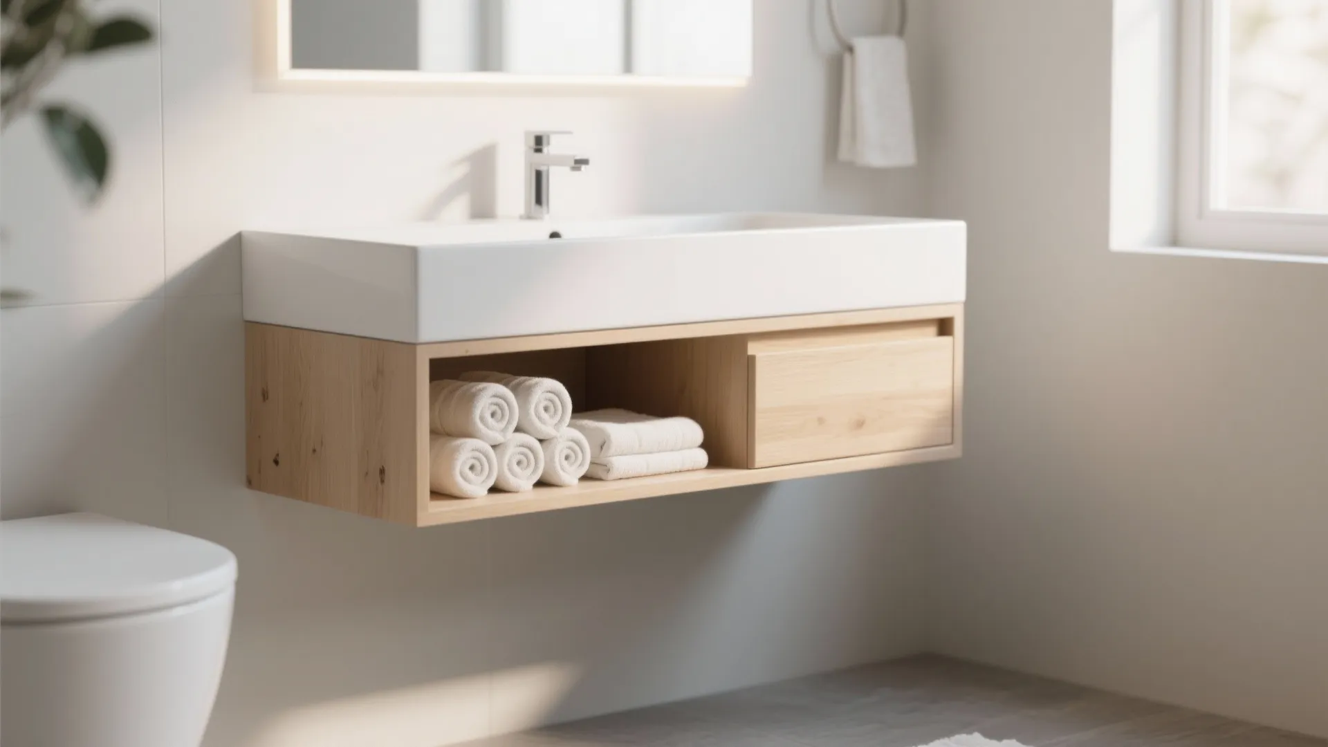 Modern white bathroom sink with wooden shelf underneath holding several rolled white towels and drawer