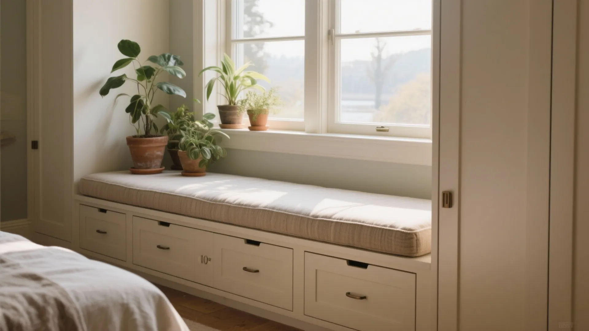 White window seat with storage drawers and beige cushion with green potted plants on sill