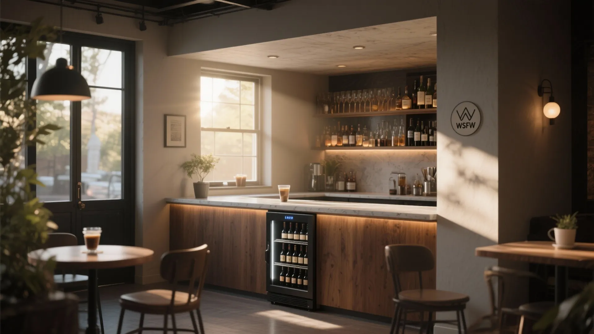 Modern home bar area with small wine fridge wooden cabinet stone counter and bright window light
