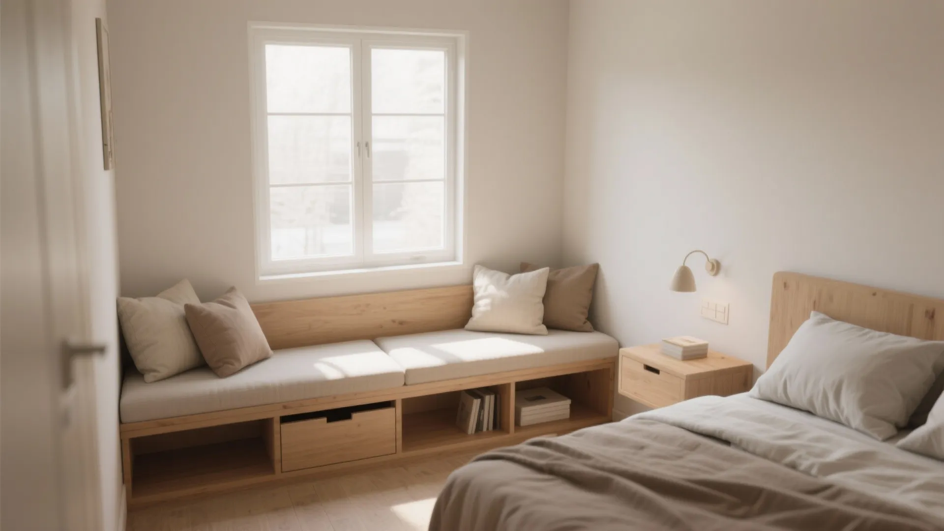 Minimalist bedroom featuring a wooden window bench with cushions and storage drawers near a bed