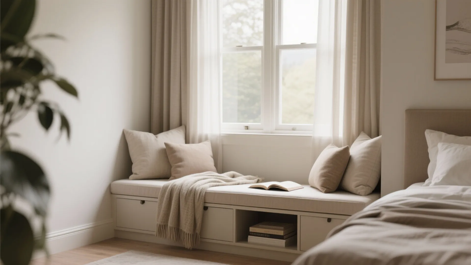 Under-window bench with cushions and storage in bedroom