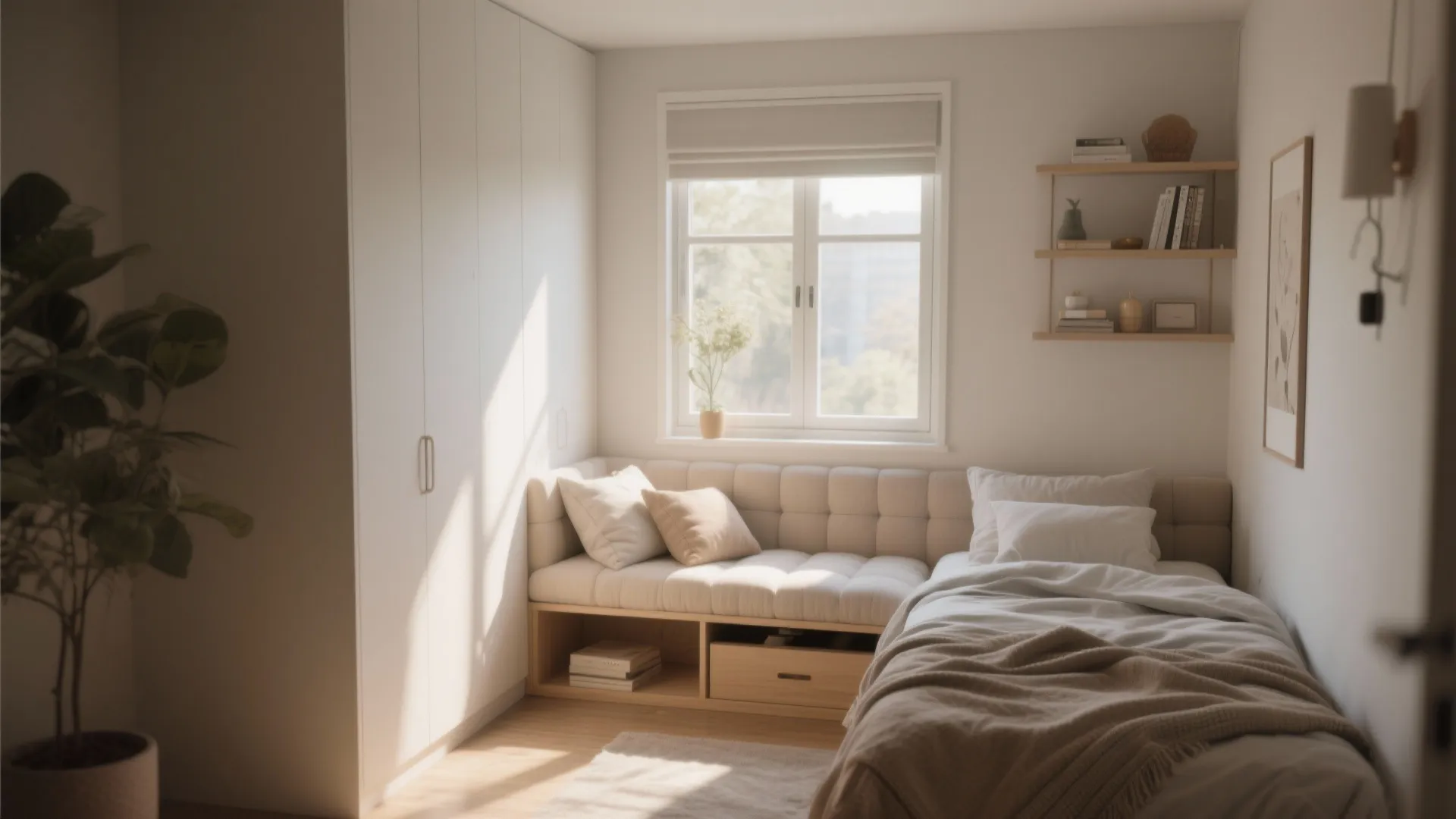 Cushioned window bench with storage in small bedroom.