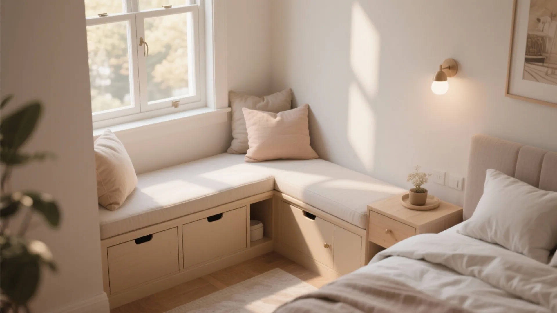 Minimalist wooden window bench with soft cushions and storage drawers in a sunny bedroom corner