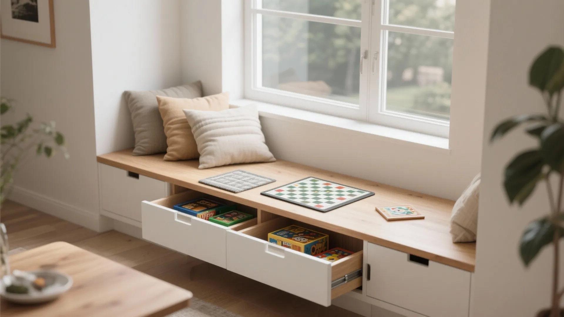Wooden window bench with white storage drawers containing board games and soft pillows on top
