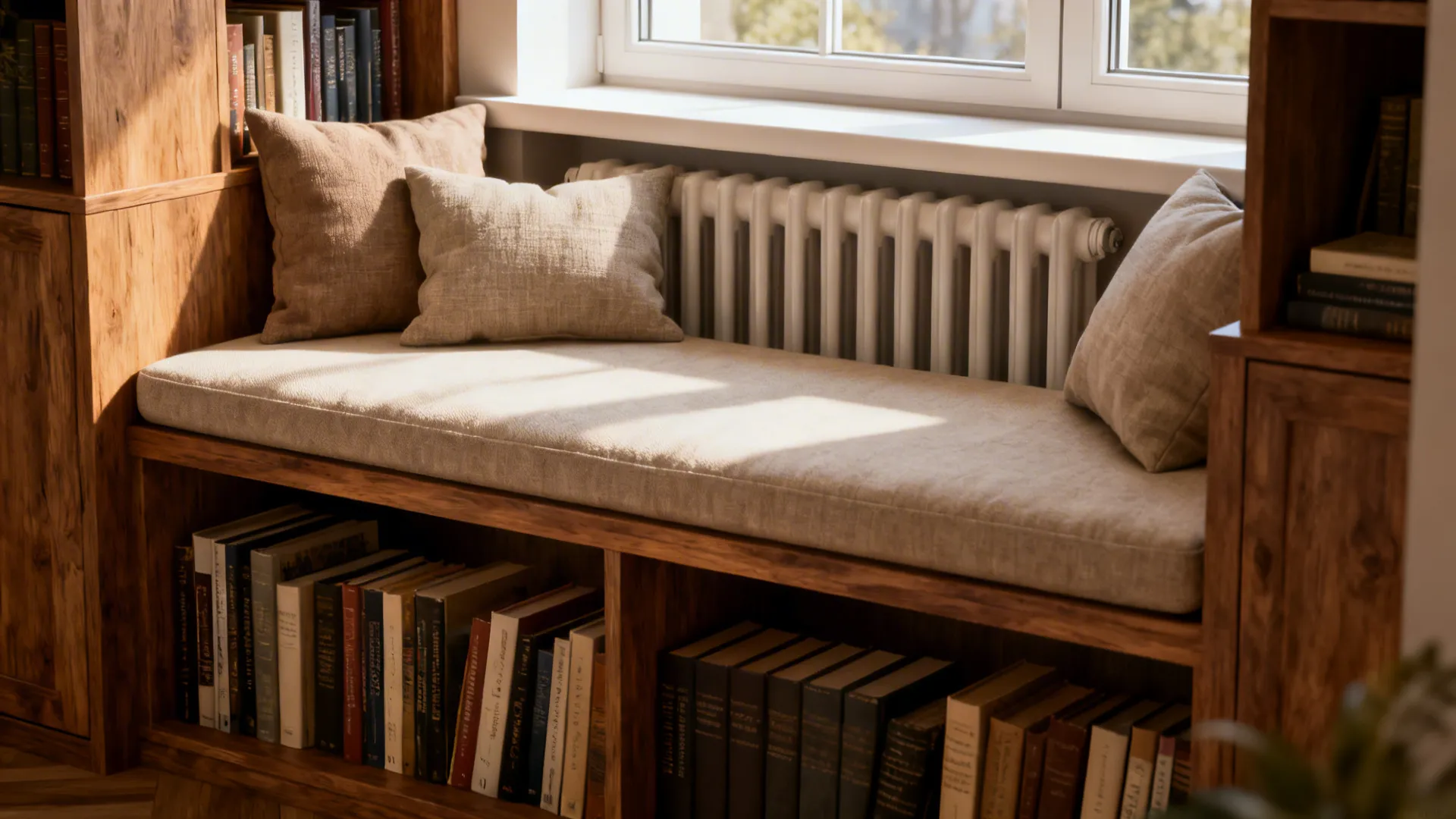 Under-window built-in bench with low bookshelf and cushions, daylight filling the nook.