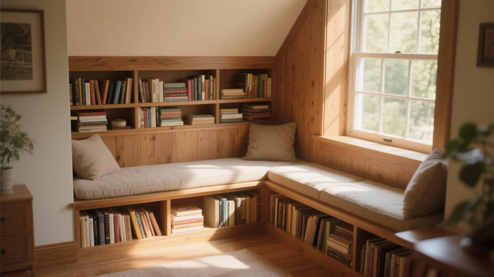 Under-window book nook with seating and warm wood accents
