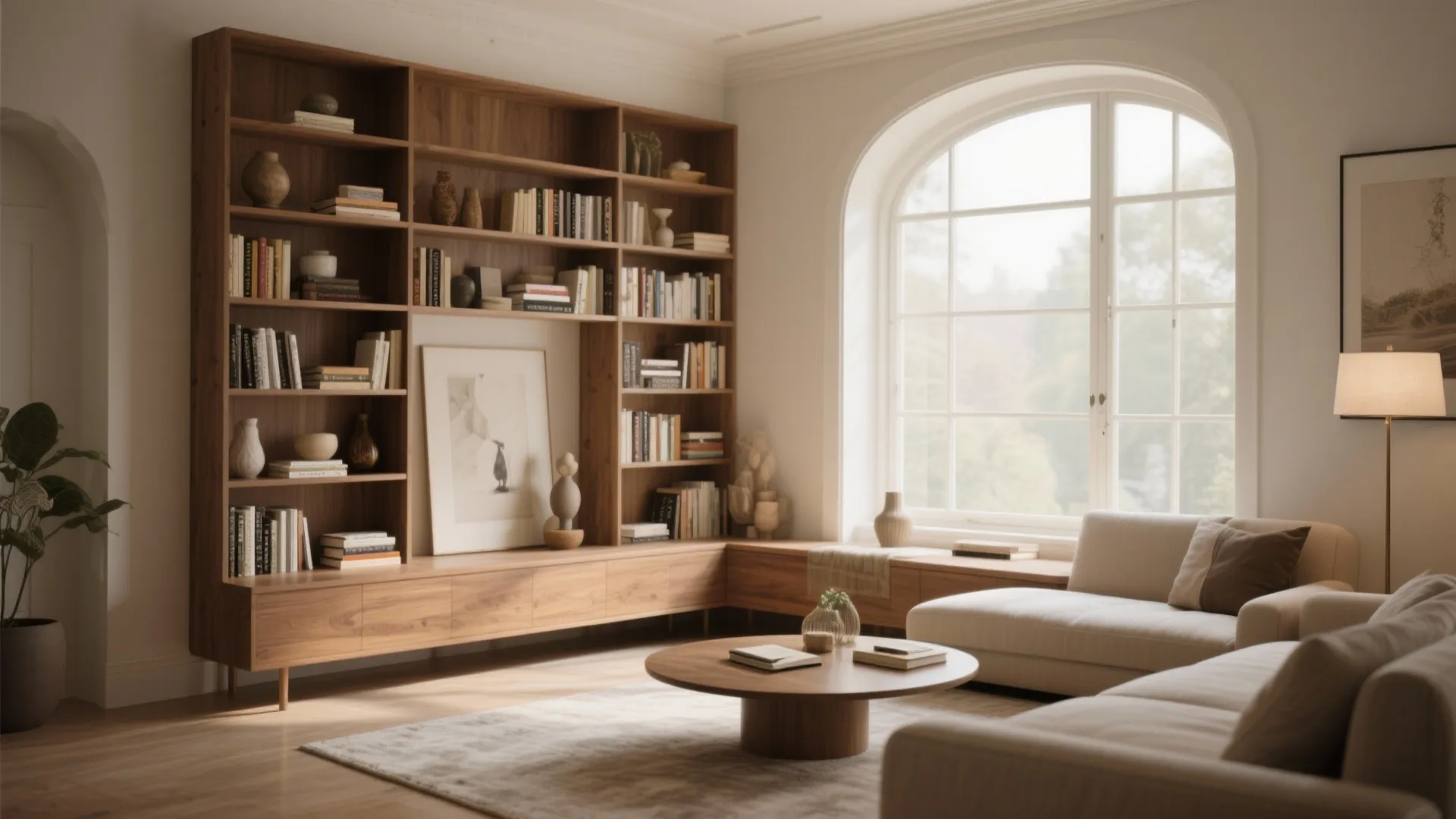 Modern living room featuring large wooden bookcase near a big window with sofa and table