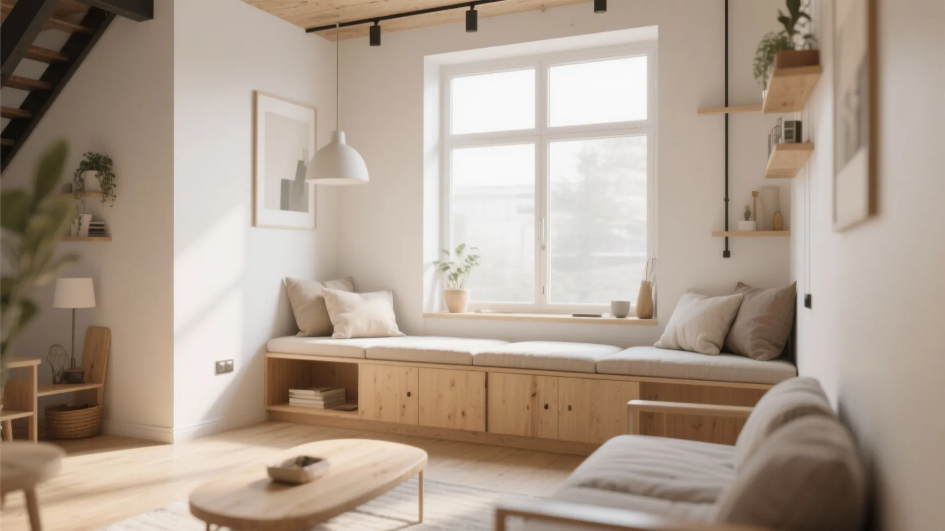 Wooden cabinet bench under a bright window with comfortable cushions and pillows in a room