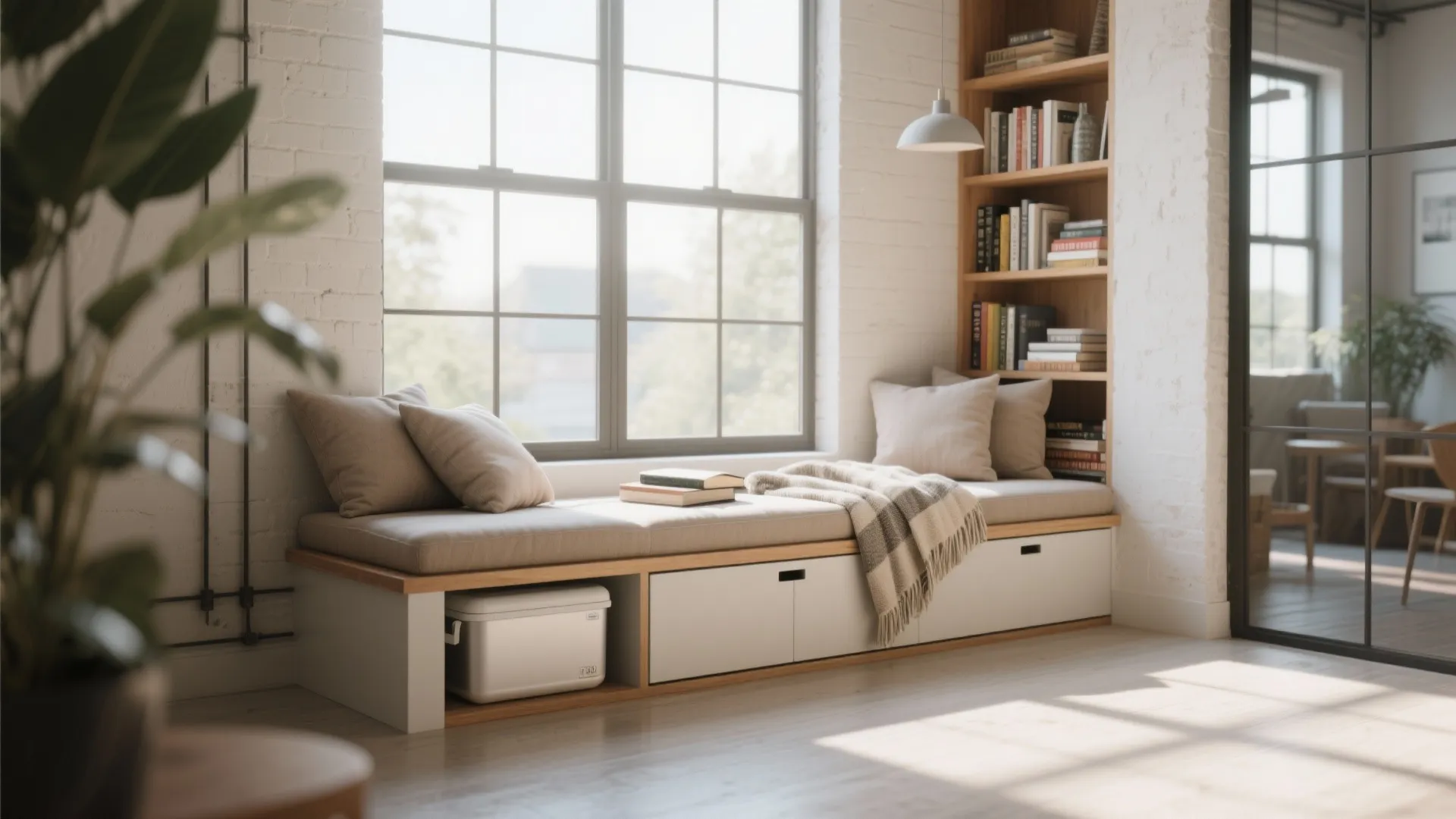 Cozy loft reading nook with an under-window cooler bench