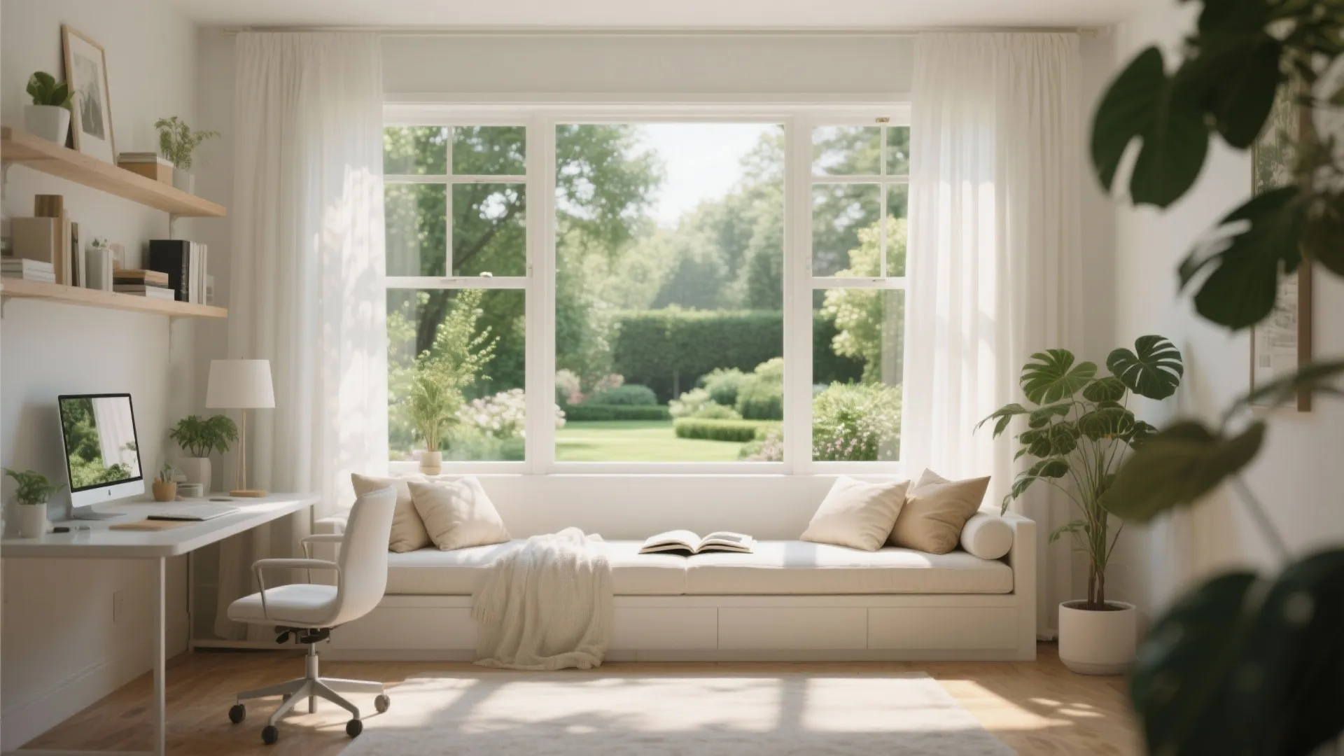 Bright sunlit room with white sofa under large window white desk chair and green garden