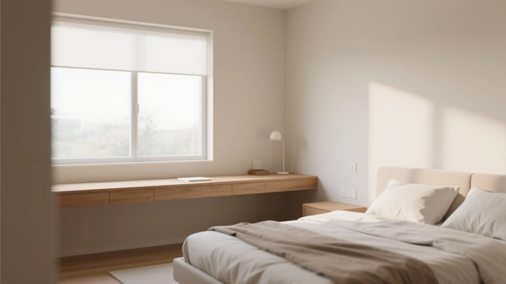 Bright bedroom showing a long wooden desk placed under a large window with white walls