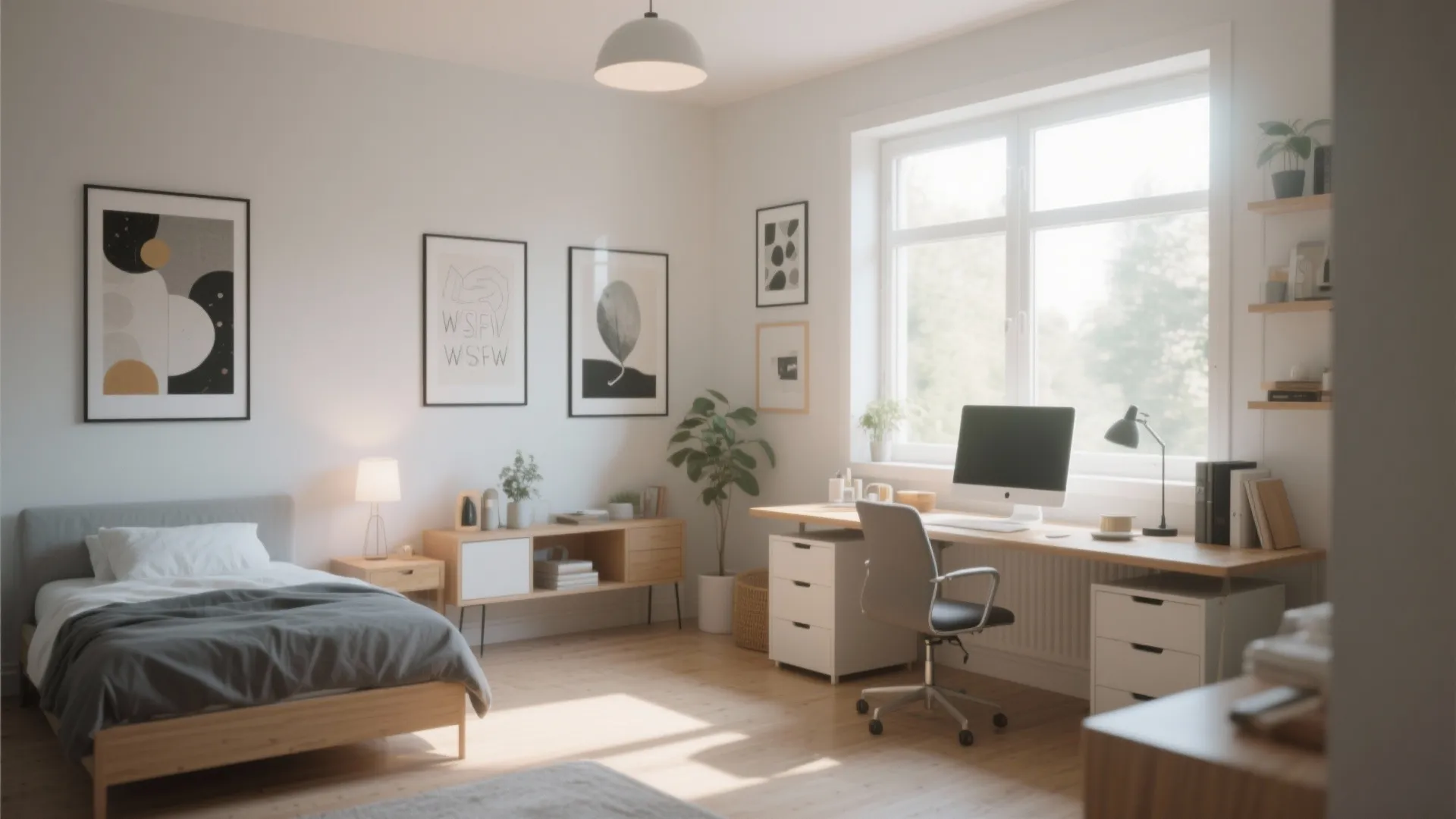 Bright bedroom with wooden bed, large desk under window, grey office chair, and wall art