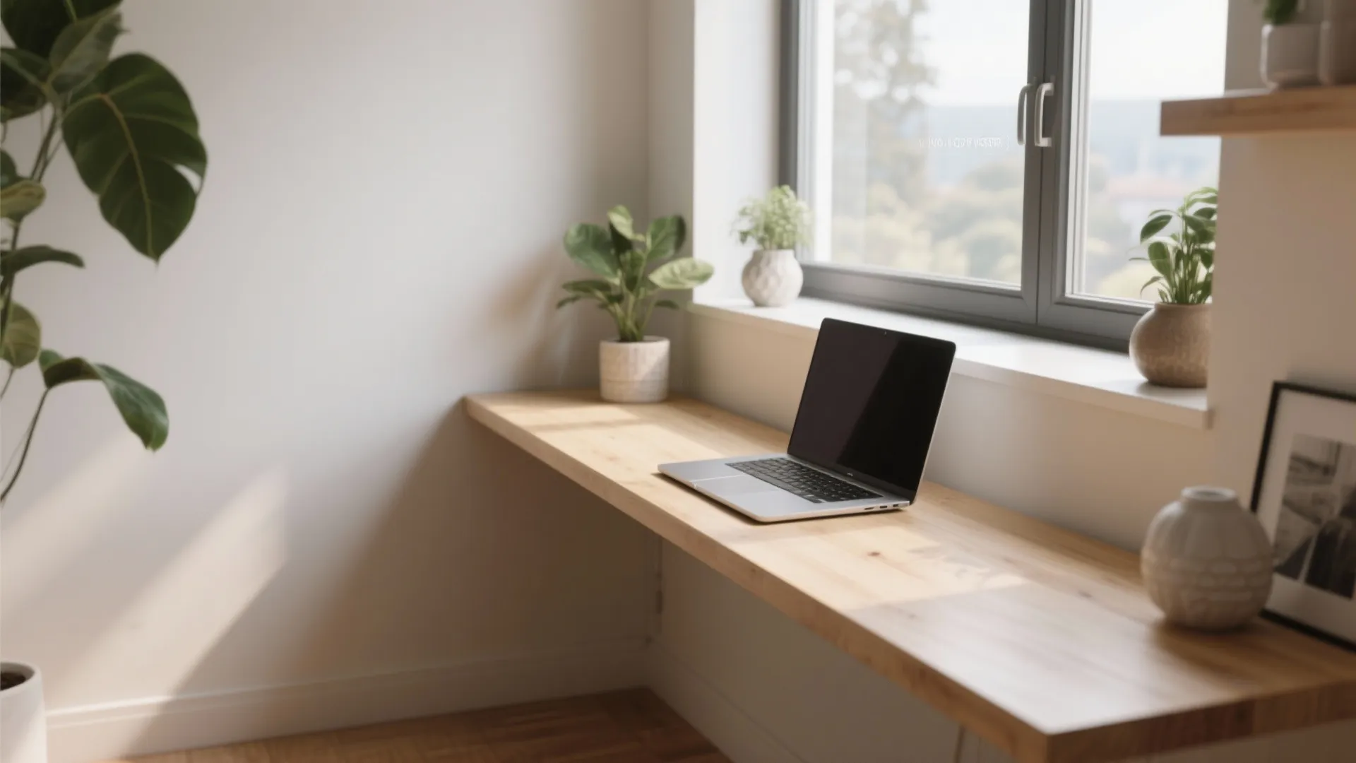 Modern wood desk positioned under a bright window with a laptop and green potted plants