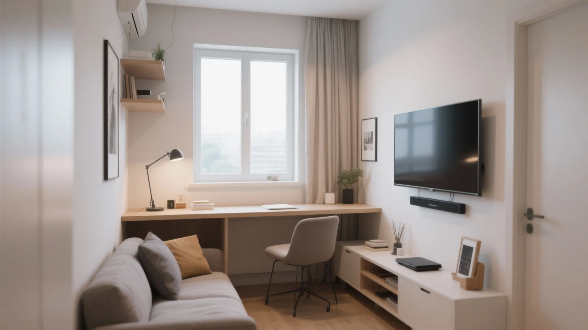 9. Under-Window Desk with Wall-Mounted TV