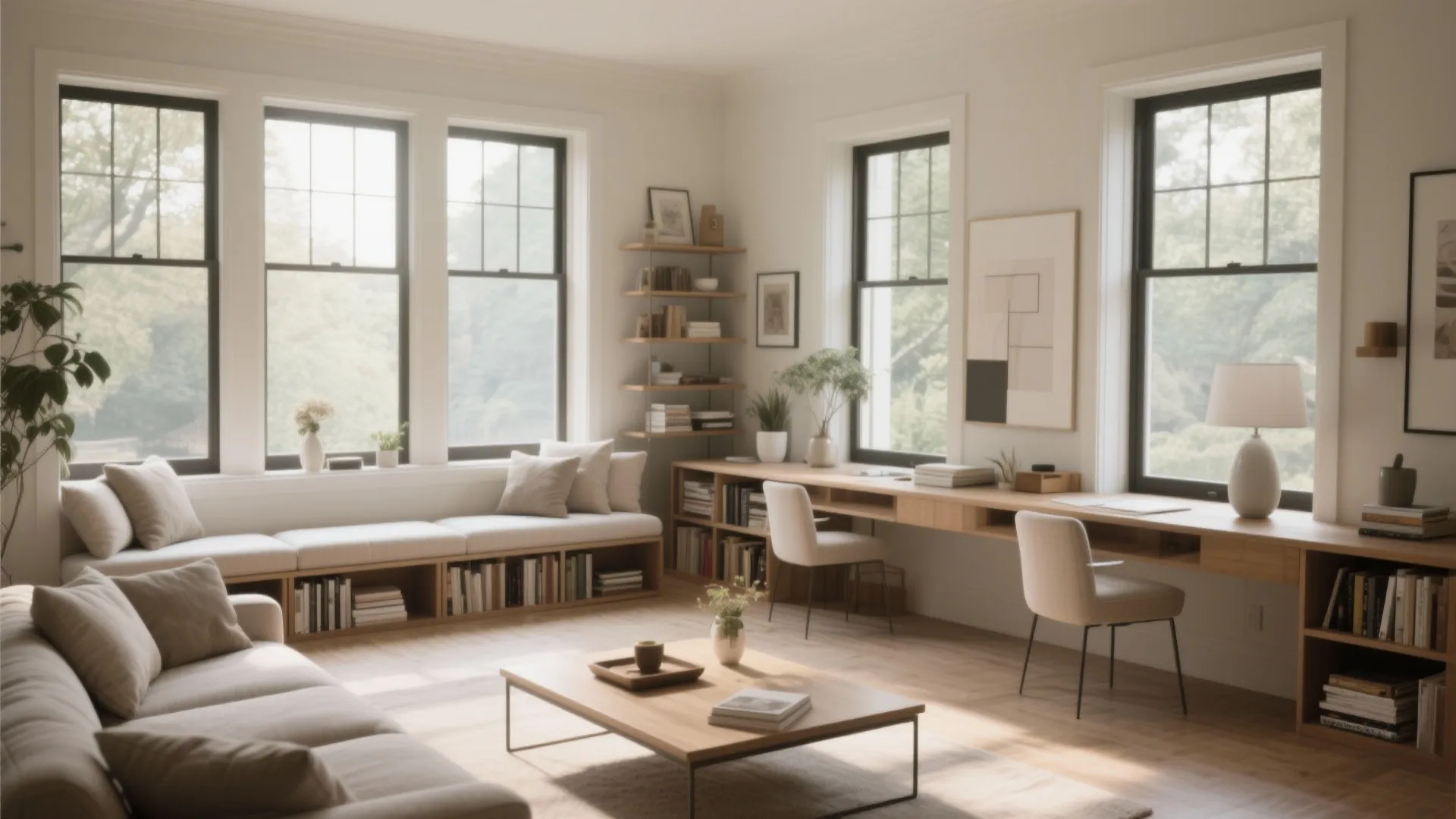 Modern home office area with long wooden desk two white chairs bookshelves and large windows