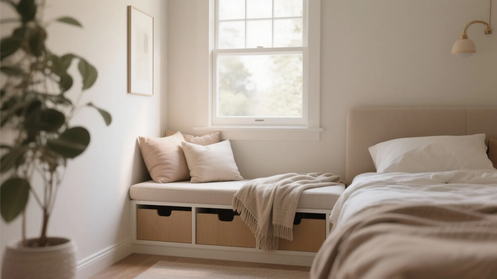 Under-window bench seating with storage in a small bedroom