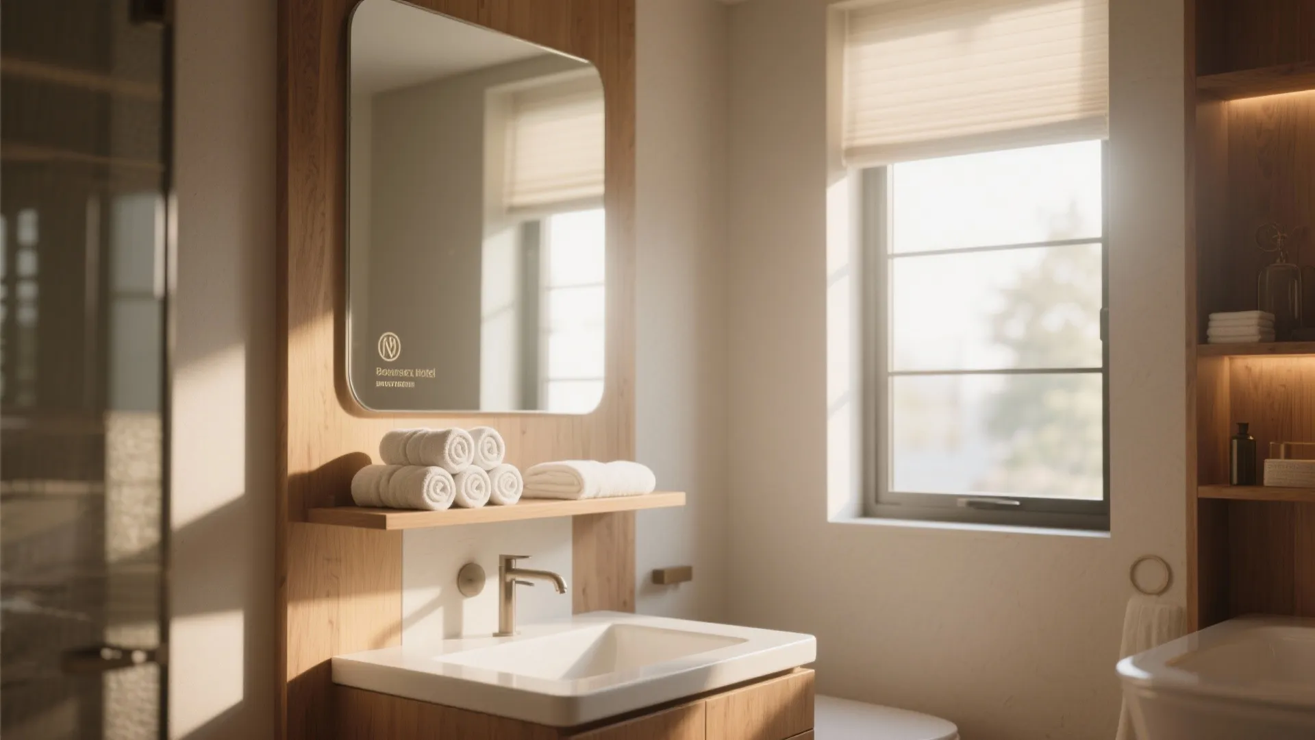 Modern bathroom sink with wood paneling mirror white rolled towels and sunlight from side window