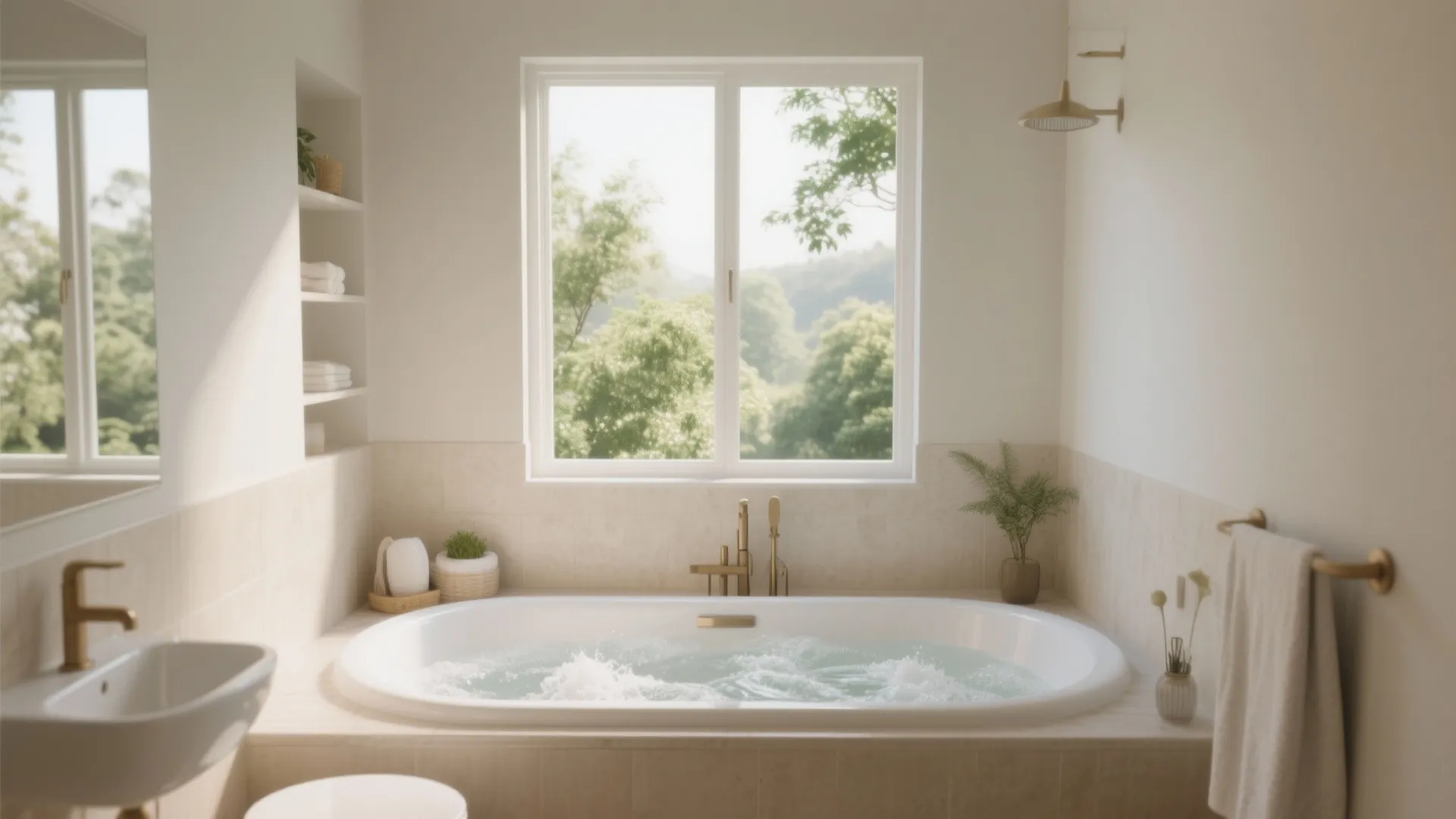 Bright bathroom with large window behind a white bathtub and green trees visible outside window