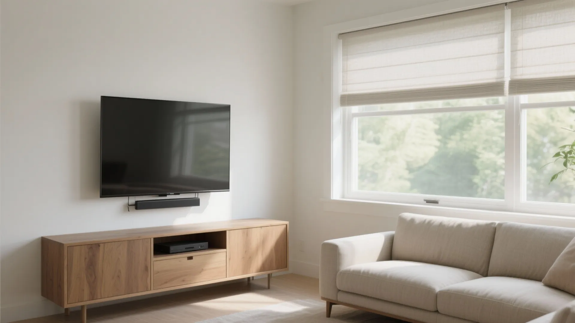 Modern living room featuring a wall mounted television above a wooden cabinet near large windows