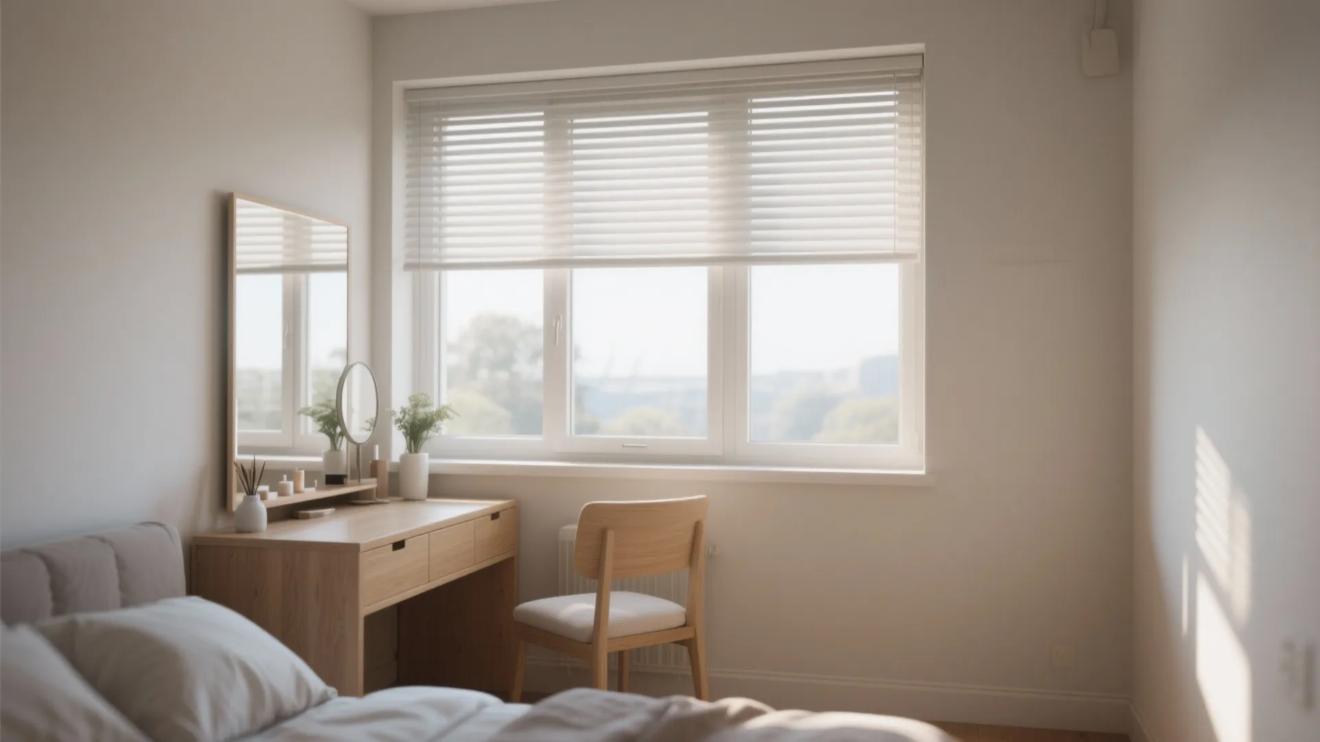 Bright bedroom featuring wooden makeup desk with mirror placed under a window with white blinds