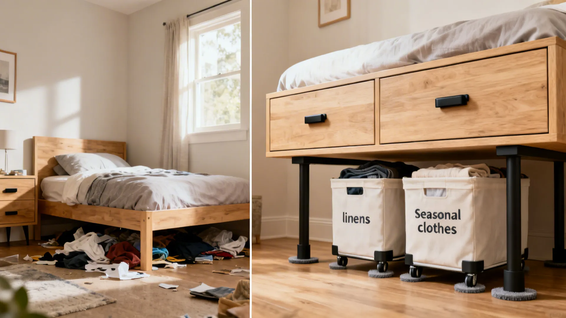 Before-and-after of under-bed storage showing risers, drawers, and rolling bins in a small bedroom.