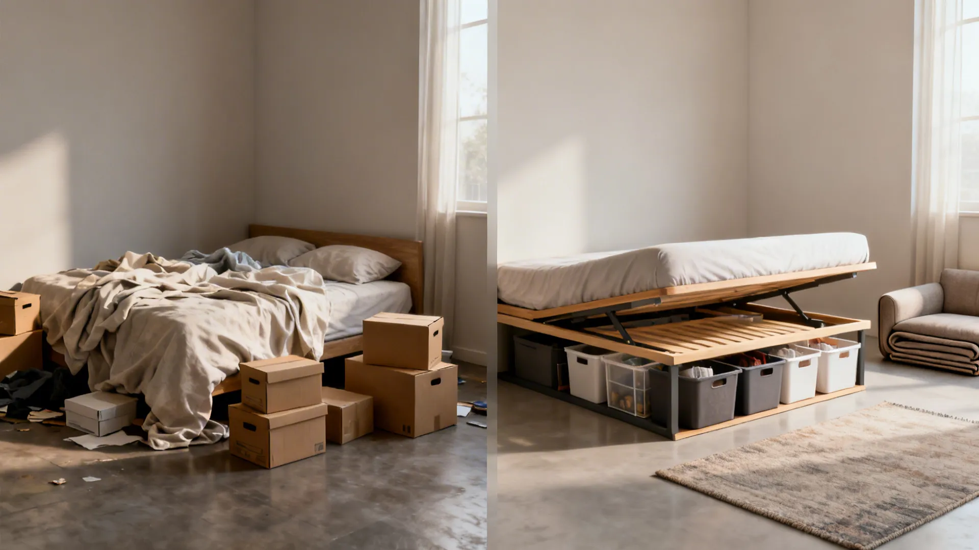 Split view showing cluttered corner versus organized lift-up under-bed storage in a studio.