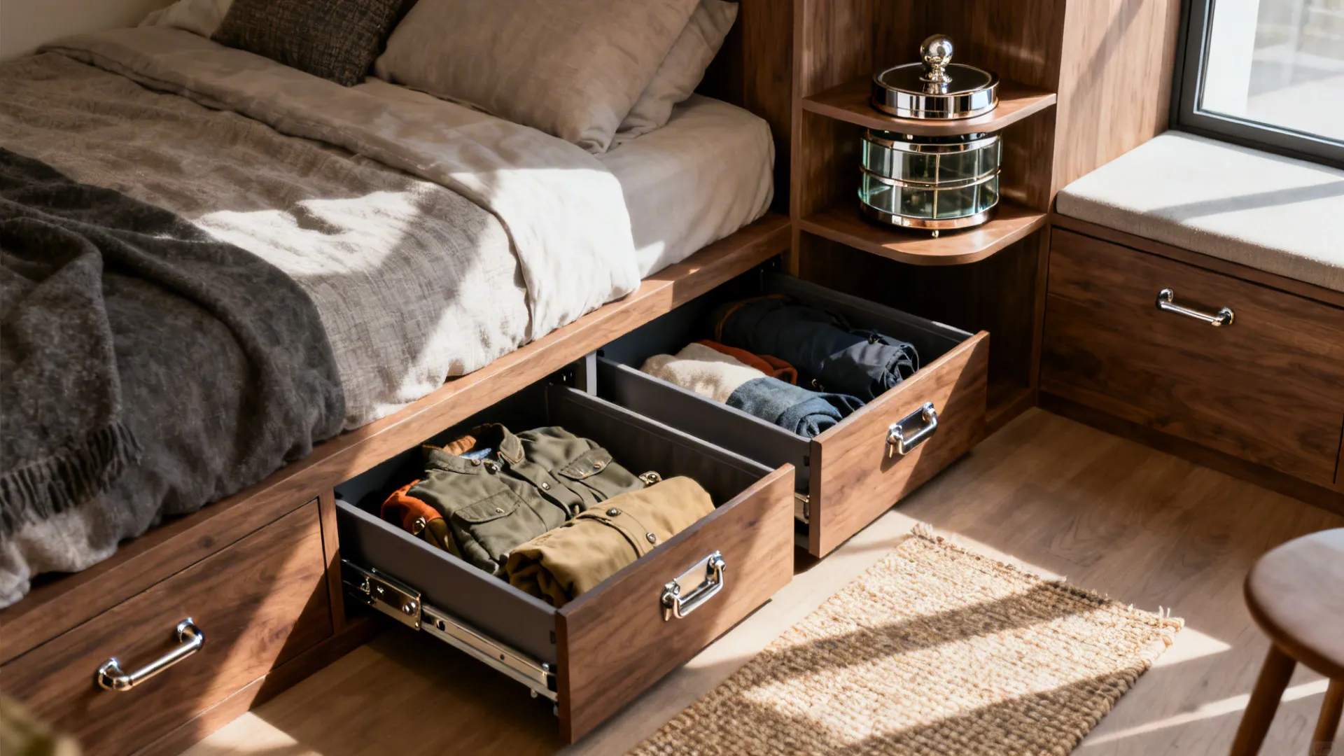 Platform bed with slide-out storage bins and corner-mounted shelves keeping items accessible.