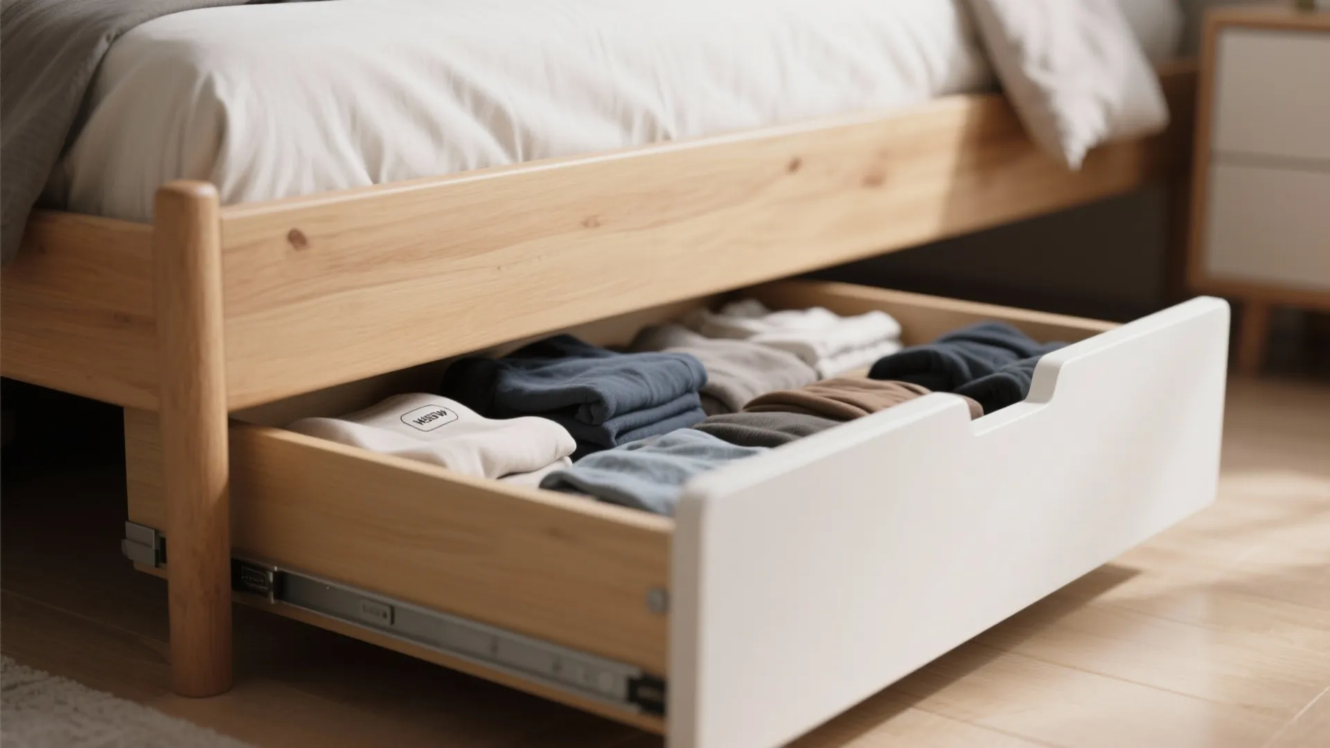 Wooden bed frame featuring a white pull out storage drawer filled with neatly folded clothes