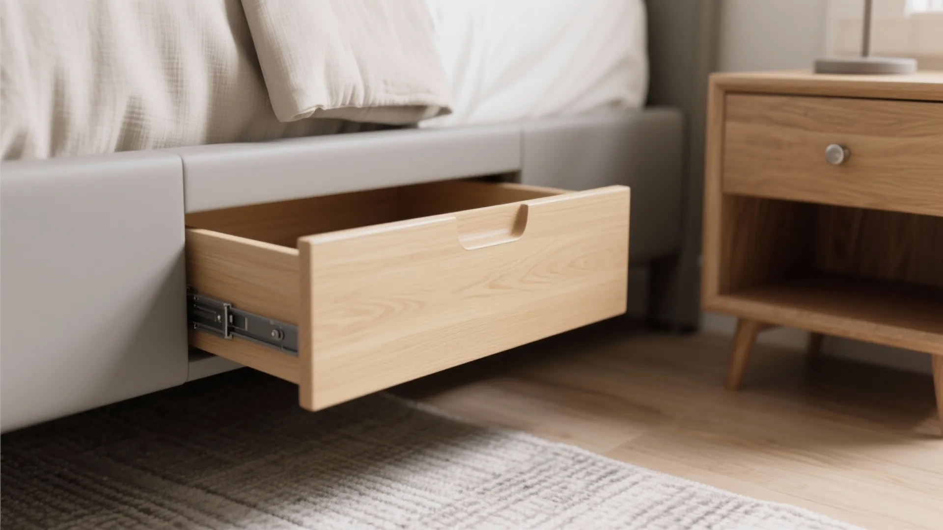 Close up view of an open wooden storage drawer under a grey bed frame with rug