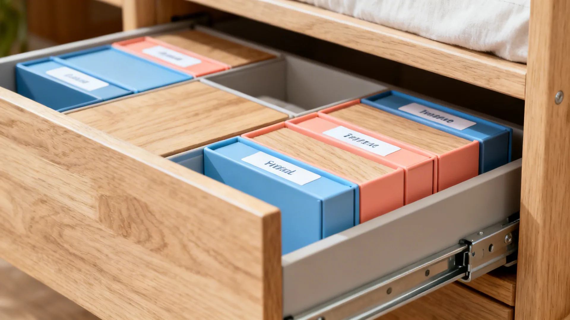 Close-up of a full-extension under-bunk drawer with organized, color-coded bins.
