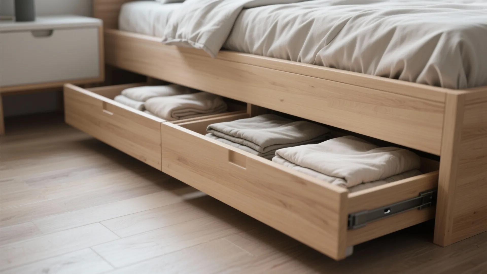 Wooden bed frame with open storage drawers containing folded clothes on a light wood floor