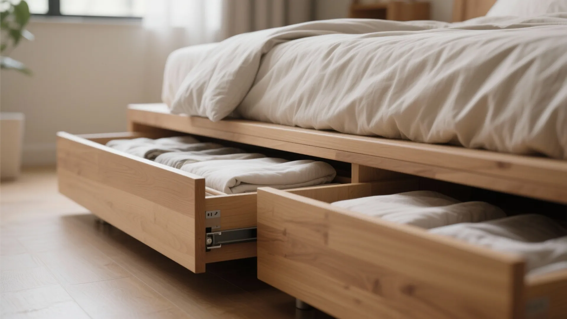 Wooden bed frame with open drawers showing folded white bedding inside on a light floor