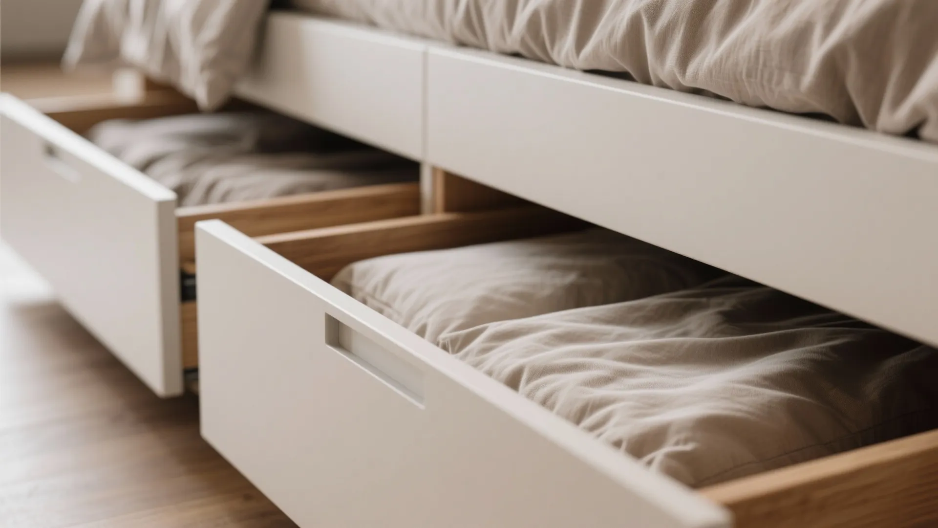 Close up view of white bed frame with open wooden drawers containing folded clothes and pillows