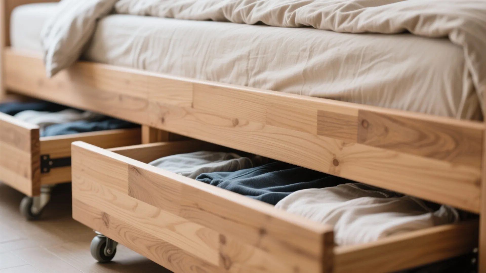 Wooden bed frame with open storage drawers on wheels containing neatly folded clothes and bedding items