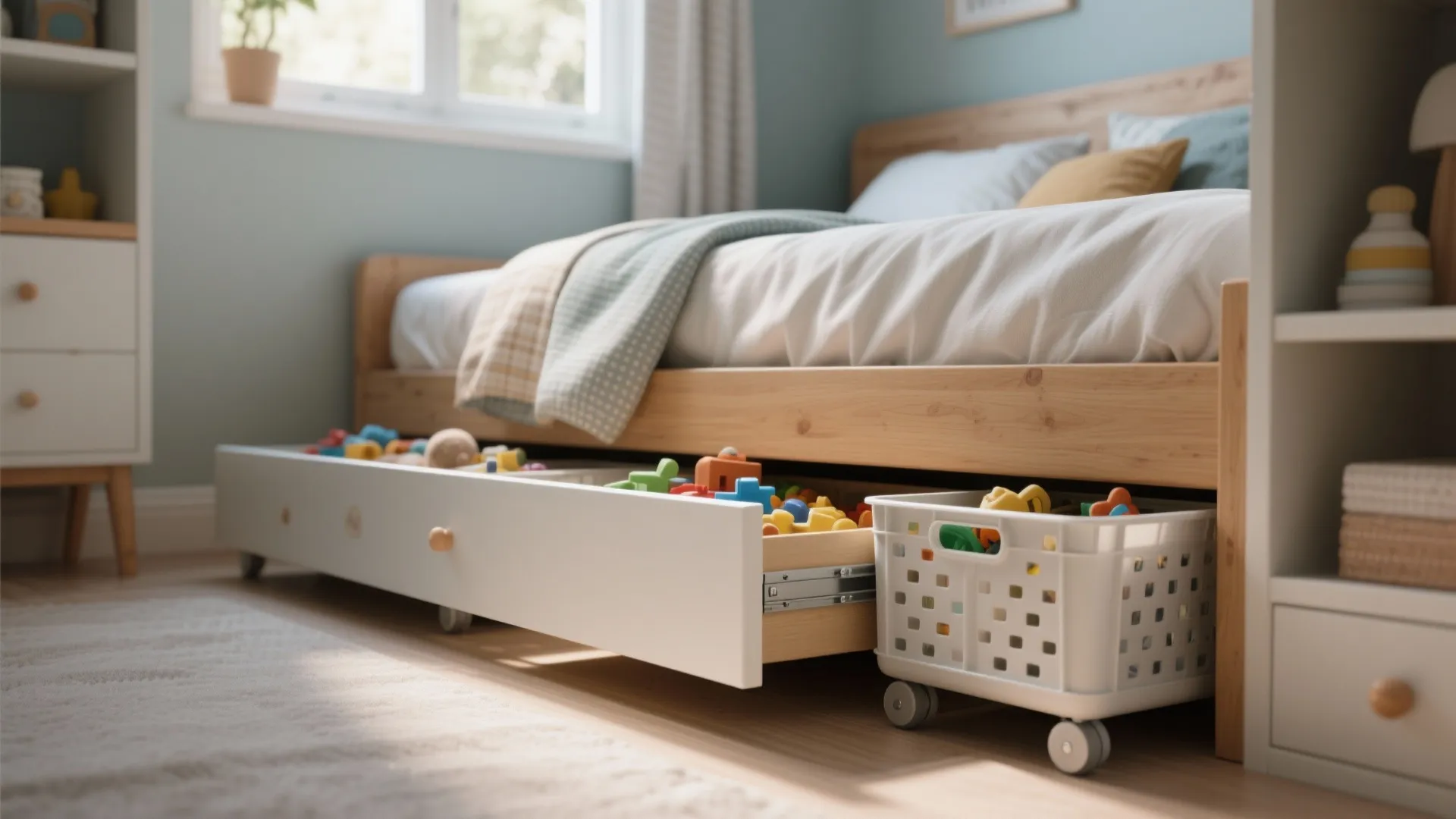 Wooden bed frame with open white underbed storage drawer and plastic rolling bin for toys
