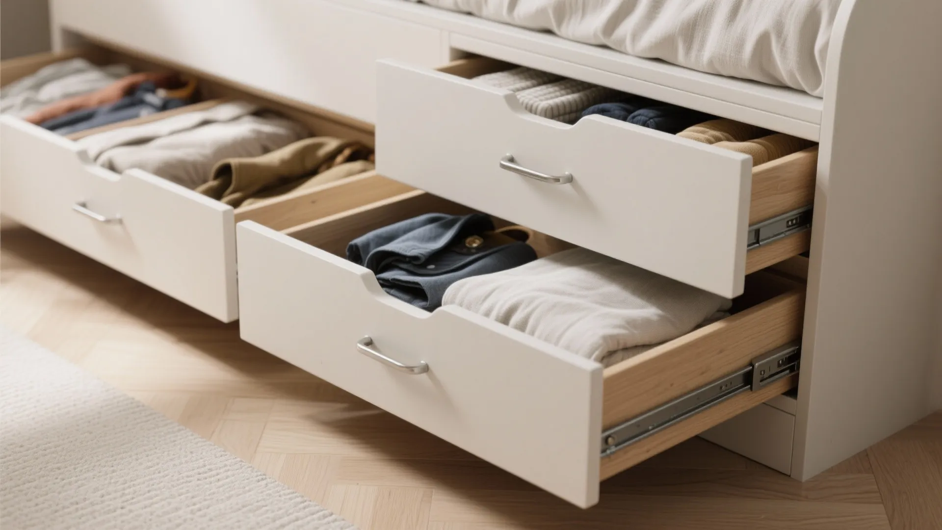 Close-up of wide pull-out underbed drawers storing coats and bedding with flush hardware.