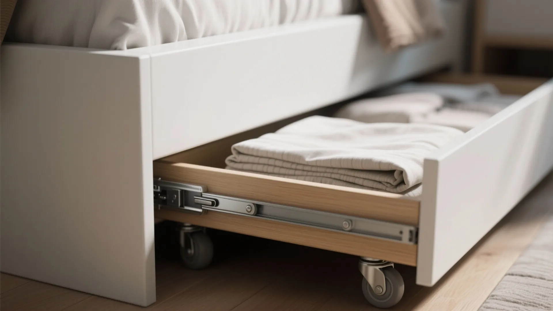 White bed frame with a pull out wooden drawer on wheels holding folded beige clothes