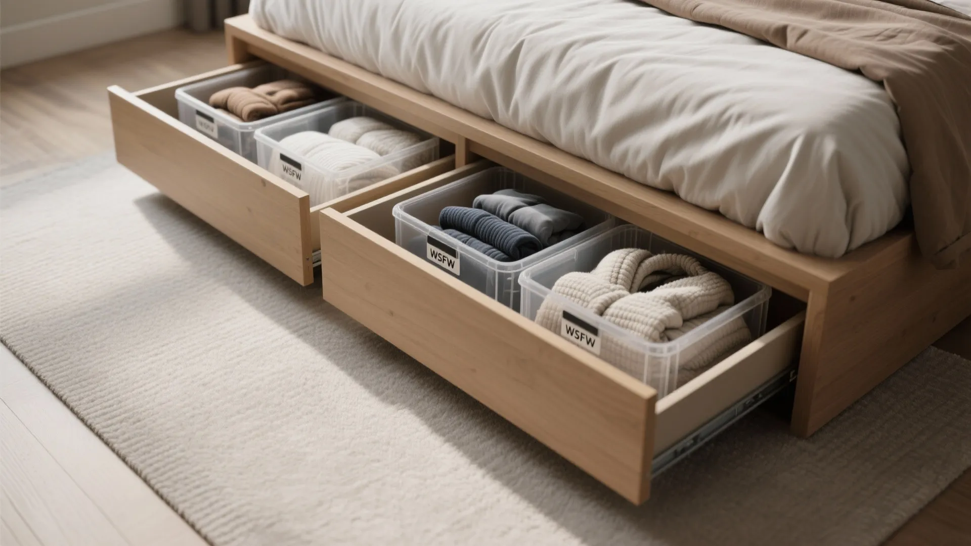 Wooden bed with open underbed storage drawers containing clear plastic boxes filled with folded clothes