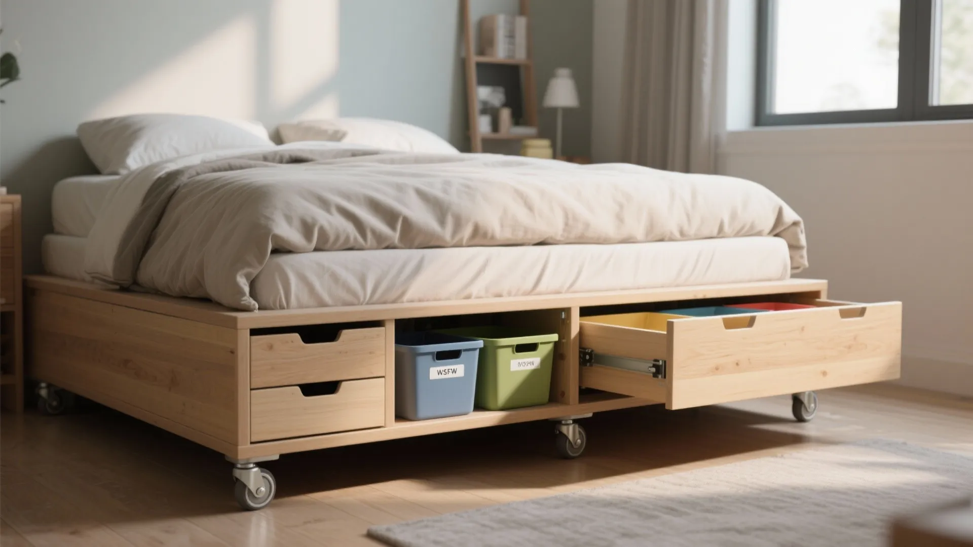 Wooden bed frame on wheels featuring built in storage drawers and colorful plastic organizing bins