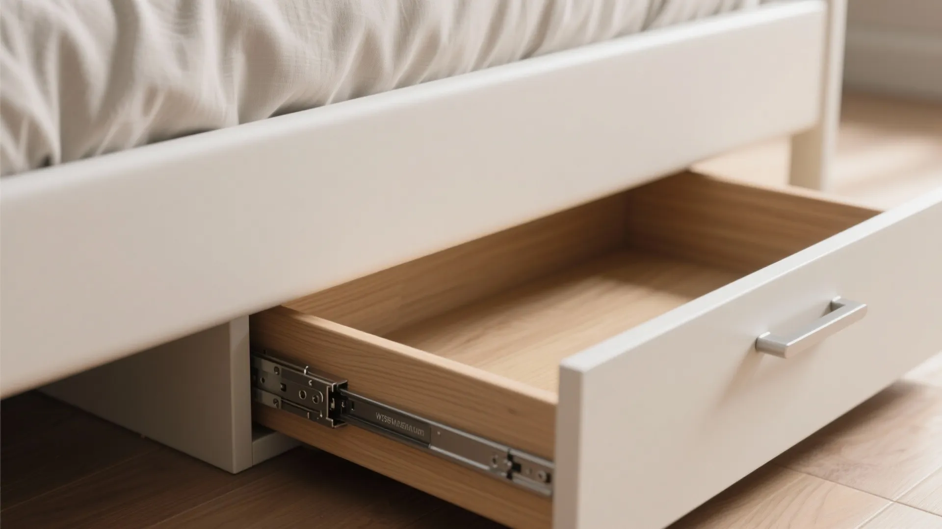 White bed frame with open storage drawer showing wooden interior and metal sliding track system