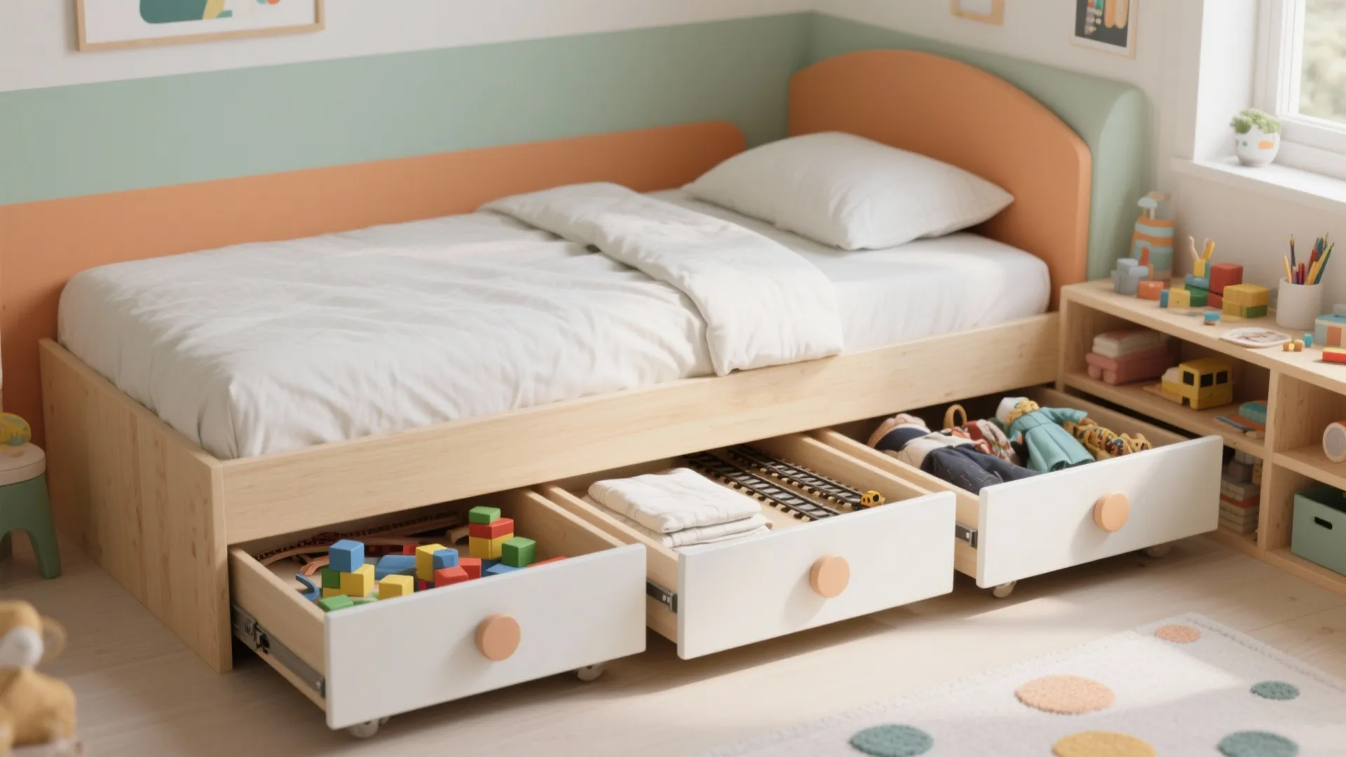 Single wooden bed with three white drawers pulled out to show storage for kids toys